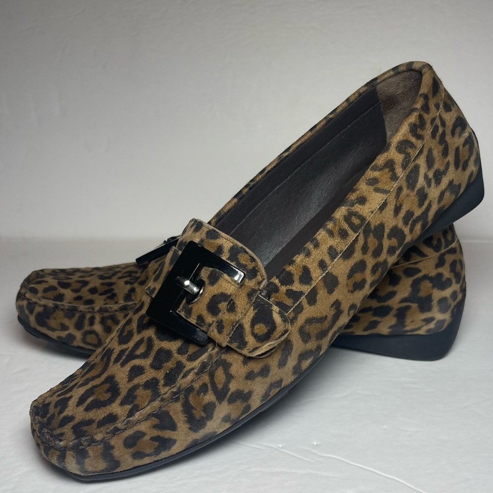 Stuart Weitzman Bucklberry Brown Black Leopard Suede Driving Mocs Loafers Sz7.5M